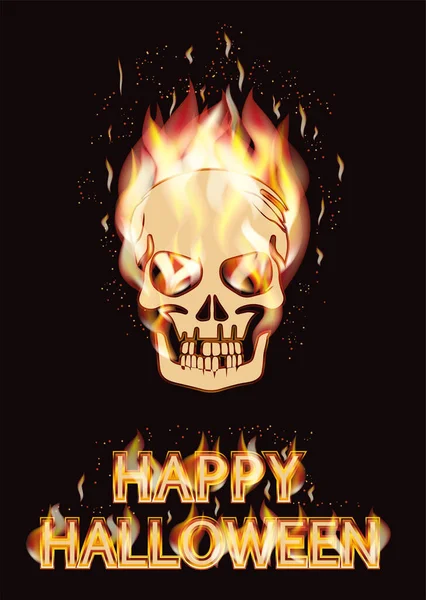 Płonąca Czaszka Szczęśliwa Karta Halloween Ilustracja Wektor — Wektor stockowy