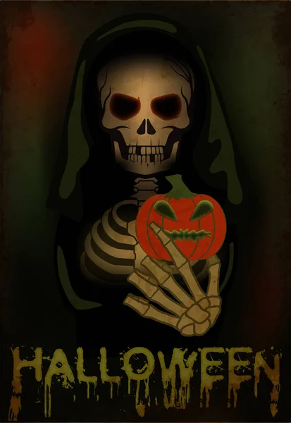 Šťastnou Halloween Kartu Smrt Drží Dýni Vektorová Ilustrace — Stockový vektor
