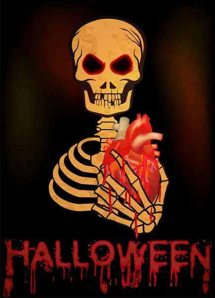 Gelukkige Halloween Kaart Menselijk Skelet Met Een Bloederig Hart Vectorillustratie — Stockvector