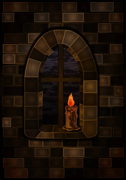 中世纪风格的拱形石窗和蜡烛 夜晚背景 矢量插图 — 图库矢量图片