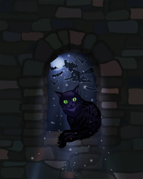 Glad Halloween Natt Tapet Med Svart Katt Vektor Illustration — Stock vektor