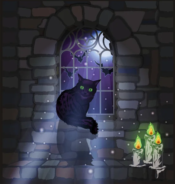 Ventana Gótica Adornada Con Gato Negro Velas Fondo Ilustración Vectorial — Archivo Imágenes Vectoriales