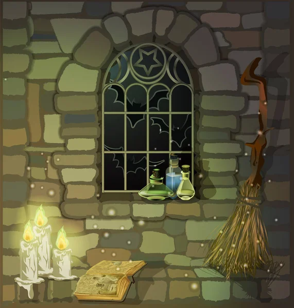 Gotyckie Okno Kamienny Dom Świecami Księgą Czarownic Szklanym Słoikiem Ilustracja — Wektor stockowy