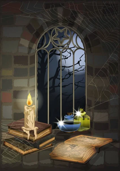 哥特式窗户 装有魔法魔法书 蜡烛和玻璃瓶 背景光圈 病媒图解 — 图库矢量图片