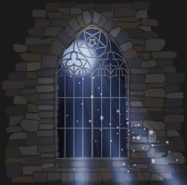 Happy Halloween Karte Gotisches Fenster Mit Zauberbuch Kürbis Und Glasgefäß — Stockvektor