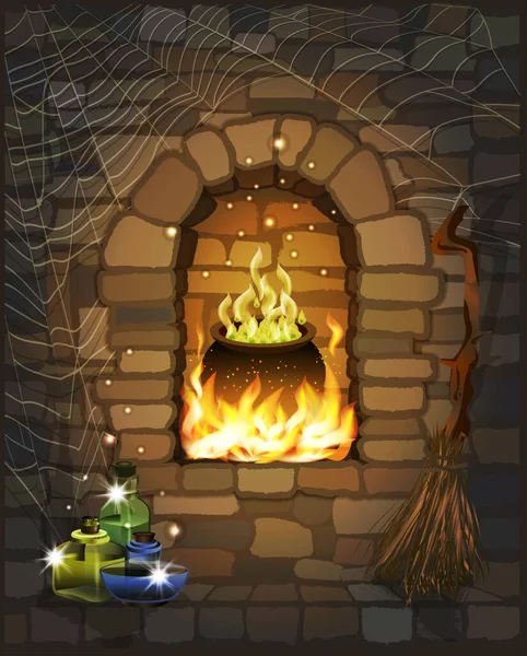 魔法の釜でハロウィーンのファンタジー暖炉 ベクトルイラスト — ストックベクタ