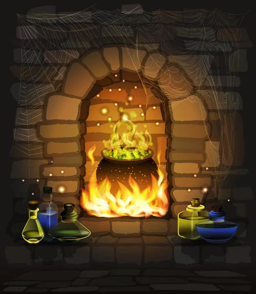 Feliz Fondo Halloween Chimenea Fantasía Con Tarro Vidrio Caldero Mágico — Vector de stock