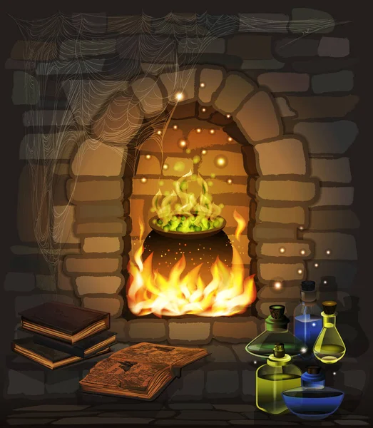 Szczęśliwy Halloween Tapety Kominkiem Magiczny Kocioł Księga Czarownic Słoik Szklany — Wektor stockowy