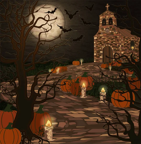 Buona Carta Parati Halloween Strada Pietra Chiesa Medievale Illustrazione Vettoriale — Vettoriale Stock