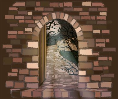 Ayın altında Gece Taşı Yolu. Cadılar Bayramı kartı, vektör illüstrasyonu