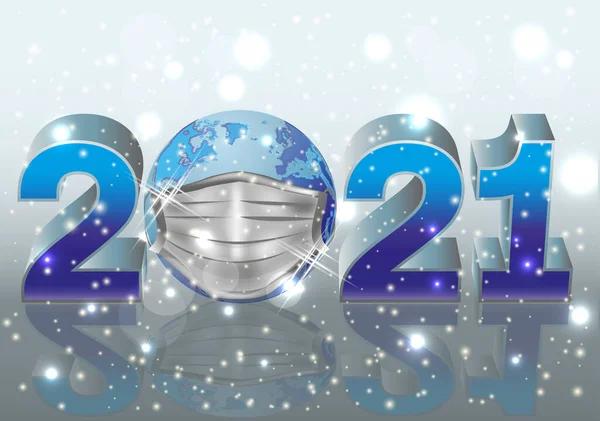 Nuevo 2021 Año Fondo Con Planeta Una Máscara Médica Ilustración — Vector de stock