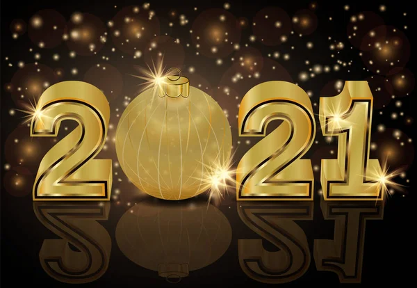 Happy New 2021 Year Golden Banner Xmas Ball Vector Illustration — Stock Vector