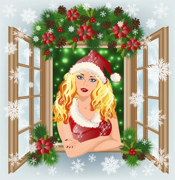 Winter Window Sexy Santa Claus Girl Xmas Tree Vector Illustration — Stock Vector