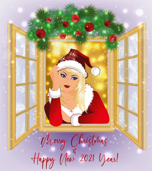 ハッピーニュー2021年カード セクシーなサンタクロースの女の子とクリスマスボールと冬の窓 ベクターイラスト — ストックベクタ