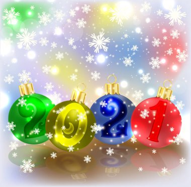Mutlu 2021 yılları ve mutlu noel afişleri Xmas topları, vektör illüstrasyonları
