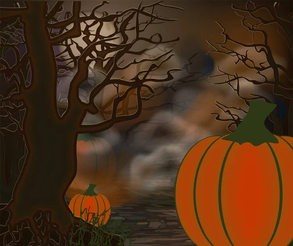 Gelukkige Halloween Kaart Met Boom Pompoen Vectorillustratie — Stockvector