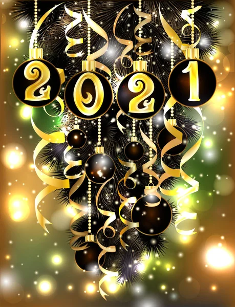 New 2021 Year Black Golden Banner Xmas Balls Vector Illustration — Stock Vector