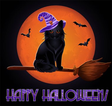 Happy Halloween vip card, black cat flies on a broom, vector illustration