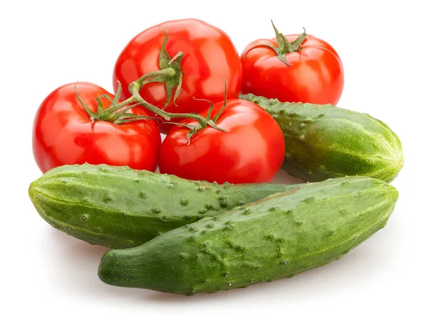 Rode Tomaten Komkommers Meng Close Geïsoleerd Een Witte Achtergrond — Stockfoto