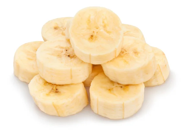 白い背景に分離された皮をむいたバナナをスライス — ストック写真
