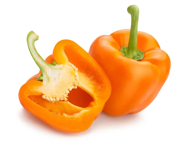 Gesneden Hele Oranje Paprika Geïsoleerd Witte Achtergrond — Stockfoto