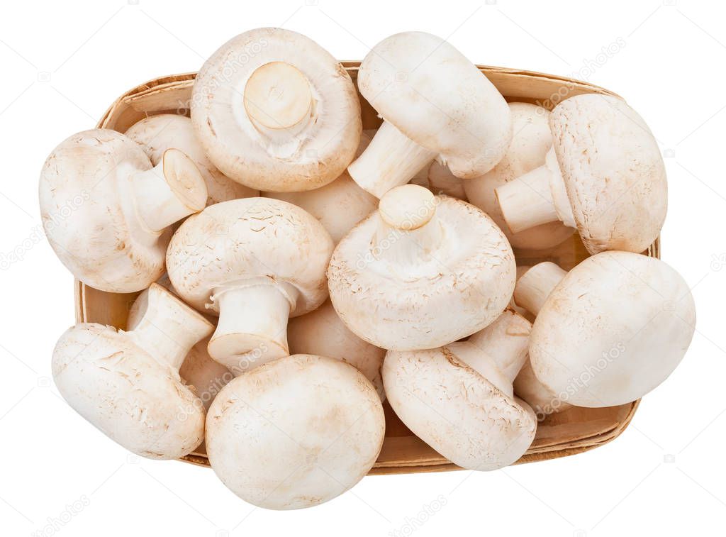 champignon mushrooms in basket on white background