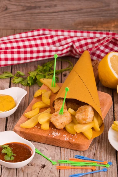 Fish Chips Med Senap Skärbräda — Stockfoto