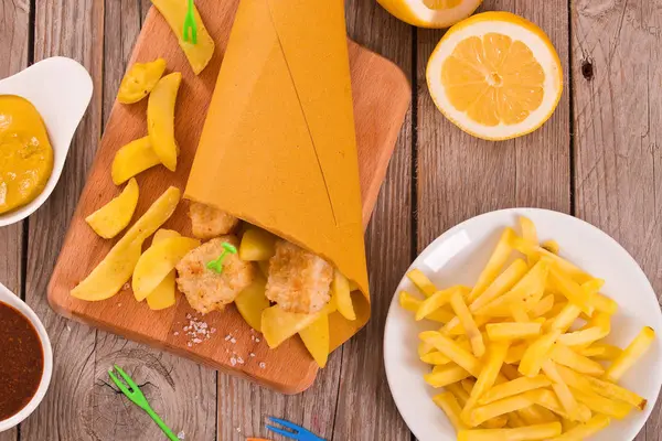 Balık ve cips ahşap masa üzerinde hardallı.