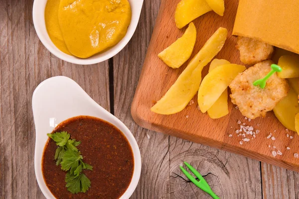 Fish Chips Avec Moutarde Sur Table Bois — Photo