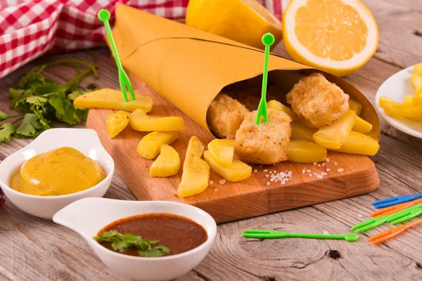 Balık ve cips ahşap masa üzerinde hardallı.