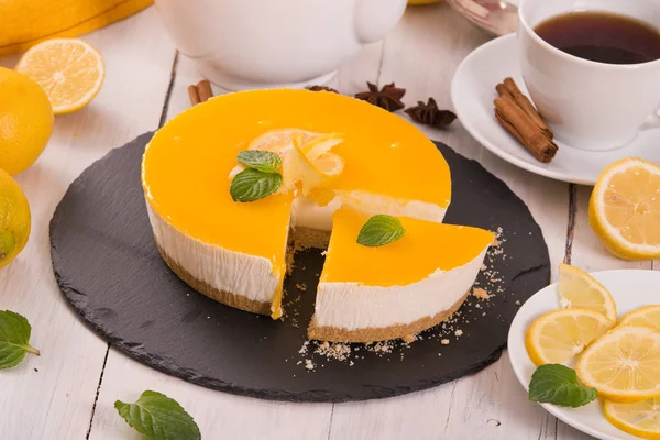 Lemon Cheesecake Mint Black Dish — Stock Photo, Image