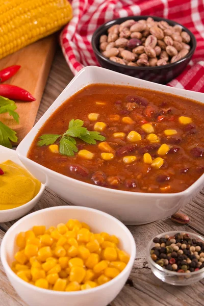 Beef Chili Sweetcorn Wooden Table — Stock Photo, Image