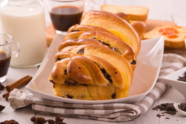 Brioche Chocolate Chips Jam White Dish — Stock Photo, Image