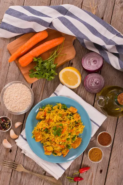 Nasi Goreng Con Especias Mesa Madera — Foto de Stock