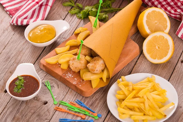 Fish Chips Mustrad Wooden Table — Stock Photo, Image