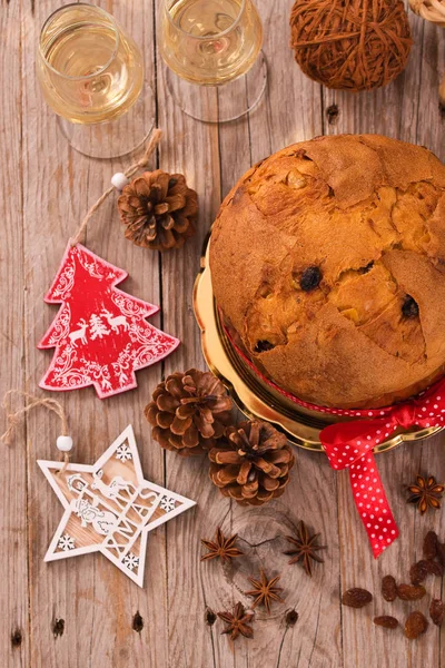 Panettone Christmas Cake Wooden Table — Stock Photo, Image