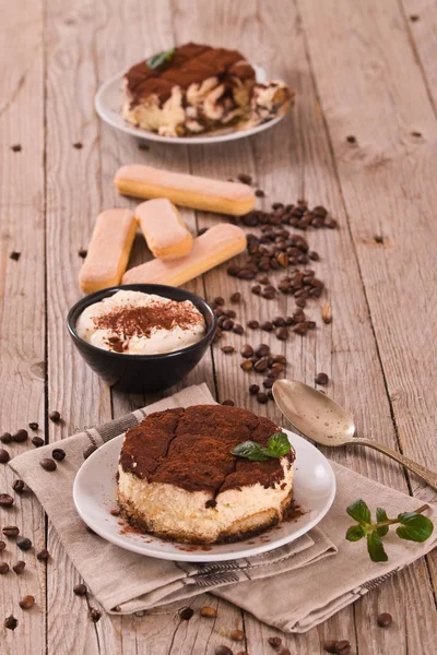 Tiramisú Con Menta Sobre Plato Blanco —  Fotos de Stock