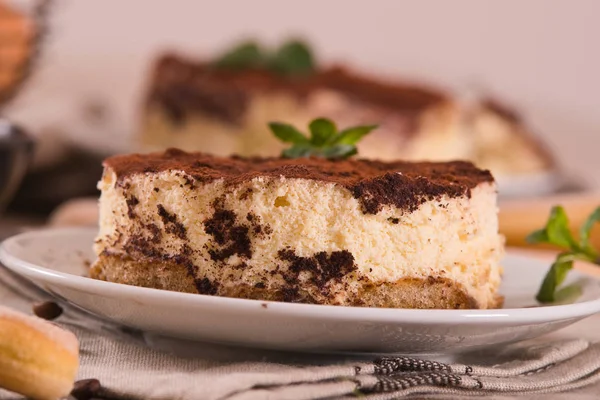 Tiramisú Con Menta Sobre Plato Blanco —  Fotos de Stock