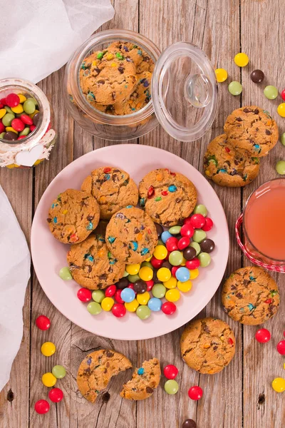 Candy Coated Cookies Wooden Table — Stock Photo, Image