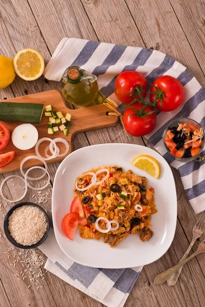 stock image Gyros rice dish on white dish.