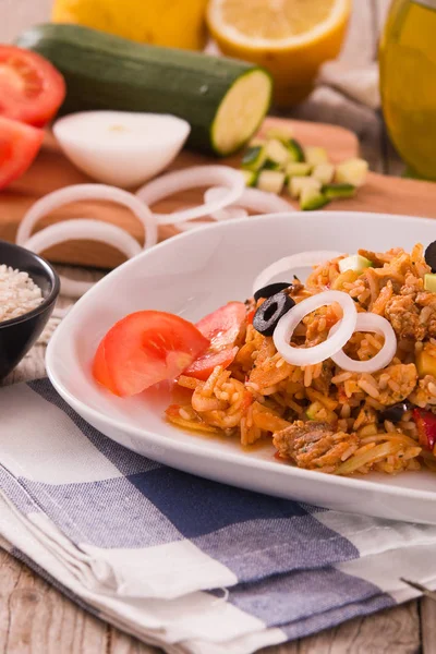 Gyros Plato Arroz Plato Blanco — Foto de Stock