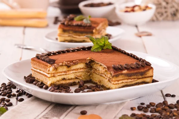 Tiramisu Cake Coffee Beans White Dish — Stock Photo, Image