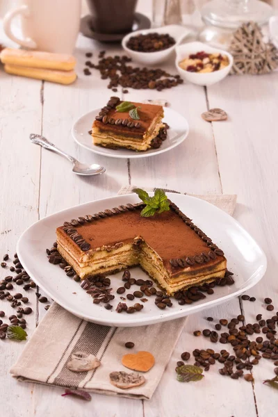 Tiramisu Cake Coffee Beans White Dish — Stock Photo, Image