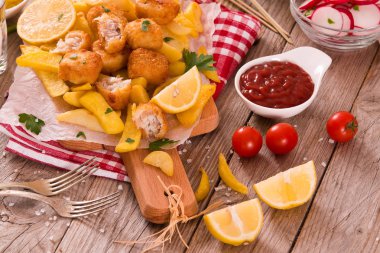 Balık ve cips kesme tahtası üzerinde.