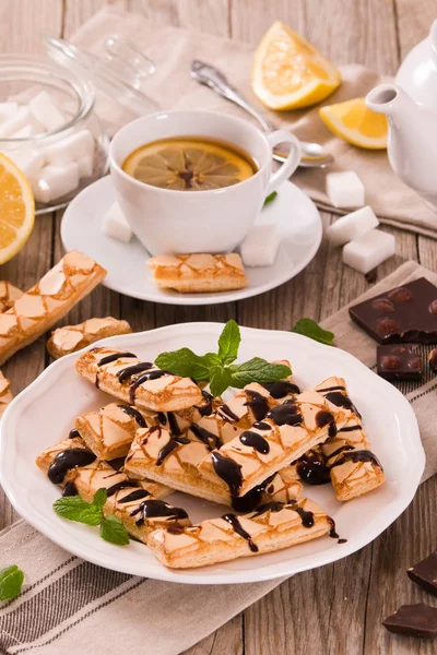 Puff Pastry Cookies Chocolate White Dish — Stock Photo, Image