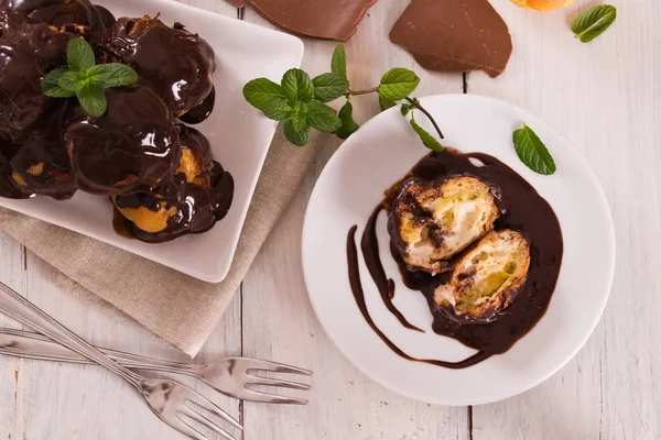 Chocolate Profiteroles Whipped Cream — Stock Photo, Image