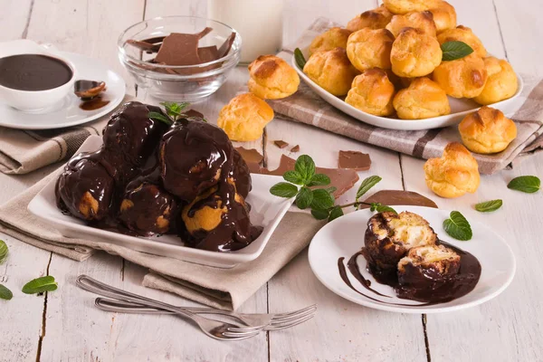 Chocolate Profiteroles Whipped Cream — Stock Photo, Image