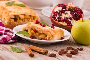 Apple strudel beyaz çanak üzerinde narlı.