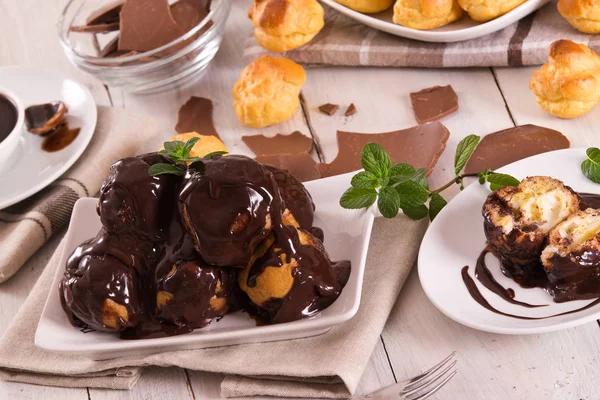 Chocolate Profiteroles Whipped Cream White Dish — Stock Photo, Image