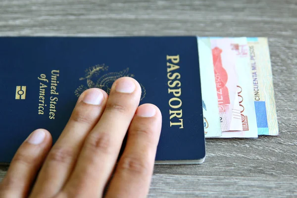 El dolar ve pasaport üzerine açık gri ahşap arka planı